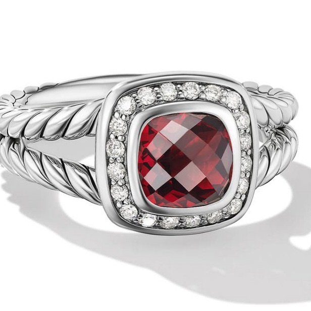 Authentic David Yurman Petite Albion Diamond Halo Cushion Ring In Garnet